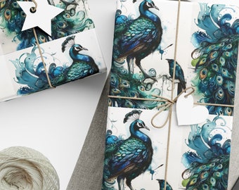 Peacock & Crow Wrapping Paper, Vibrant Colored Gift Wrap, Artistic Lovers Stationery, Unique Birthday Present Packaging