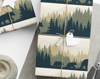 Green Forest & Black Bear Family Gift Wrap: Scenic Nature Design