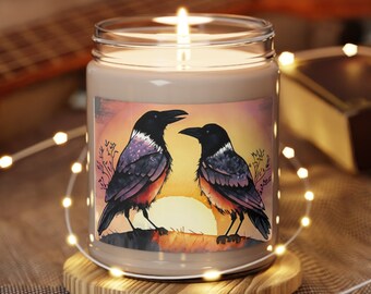 Vela romántica de cera de soja con diseño de cuervo, regalo de aniversario para enamorados al atardecer