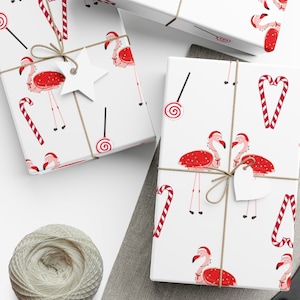 Festive Flamingo Wrapping Paper, Red Flamingos with Candy Design, Perfect for Christmas and New Year Gifts, Unique Holiday Gift Wrap