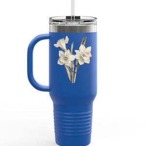 Daffodil Floral Insulated Travel Mug - Elegant Travel Mug, 40oz, Coffee Lover Gift, Summer Road Trip Cup, Personalized Flower Mug