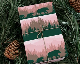 Pink Forest & Bear Family Gift Wrap: Scenic Nature Wrapping Paper