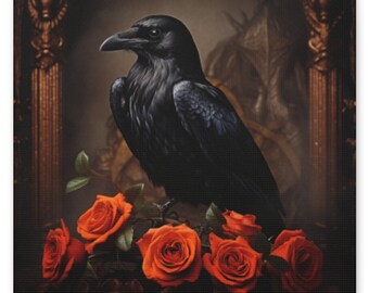 May include: A black raven perched on a bouquet of red roses, set against a dark background with a gold frame.