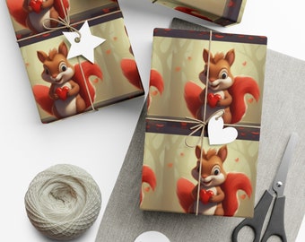 Adorable Squirrel Wrapping Paper, Heart-Embracing Cute Design, Perfect for Gift Wrapping, Ideal for Valentine's Day Presents