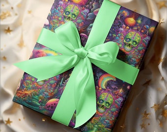Halloween Psychedelic Skull Gift Wrapping Paper, Spooky Matte Gift Wrap