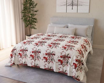 Red Cardinal Print Sherpa Blanket: Holiday Home Decor