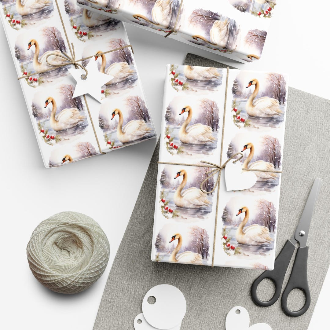 Elegant Swan Christmas Wrapping Paper Watercolor Lake Scene Etsy