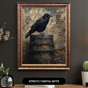 Crow Perched on Barrel Wall Art, Crow Canvas Art Print, Gothic Home Accent, Artistic Photo Holder, Unique Housewarming Gift