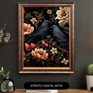 Gothic Raven Framed Wall Art, Black Bird and Pink Florals, Mystical Home Decor, Unique Housewarming Gift, Dark  Academia Framed Wall Art