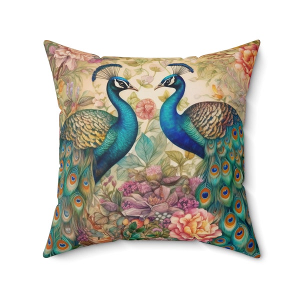 Elegant Peacock Garden Pillow , Square Throw with Vibrant Peacocks, Ideal for Sofa Elegance or Unique Wedding Gift