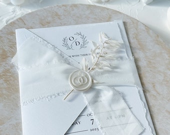 Personalized wedding invitation on textured paper with dried flowers | Deckled Edge Paper | Silk bow | Ruscus | Wax seal