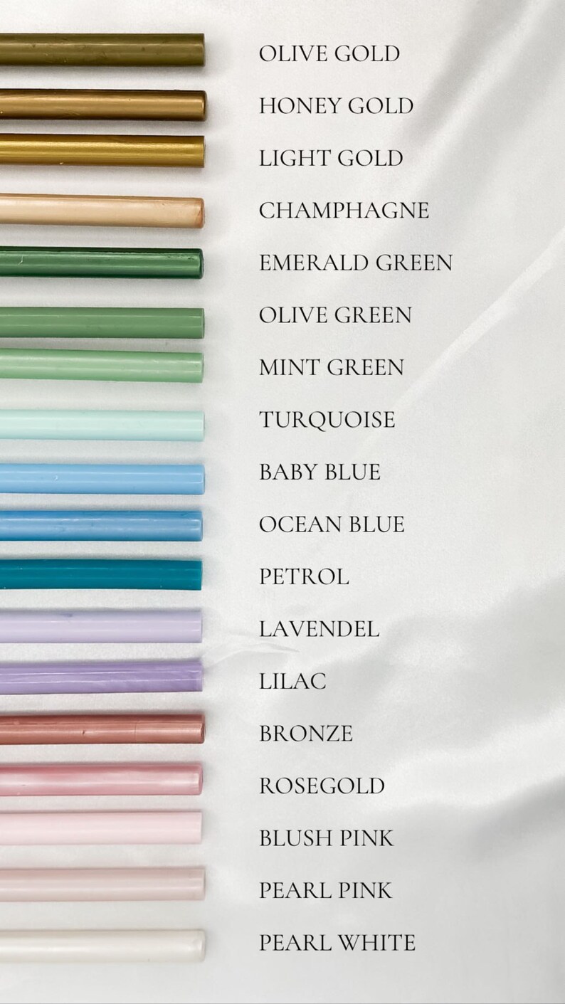 May include: A collection of 16 wax seal sticks in various colors, including olive gold, honey gold, light gold, champagne, emerald green, olive green, mint green, turquoise, baby blue, ocean blue, petrol, lavender, lilac, bronze, rose gold, blush pink, pearl pink, and pearl white.