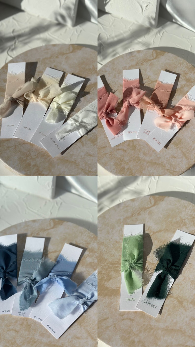 May include: Assortment of 10 colors of silk ribbon with frayed edges. The colors are: Taupe, Cream, Stone, Snow White, Terracotta, Peach, Nude Pink, Blush, Jade, and Forest.