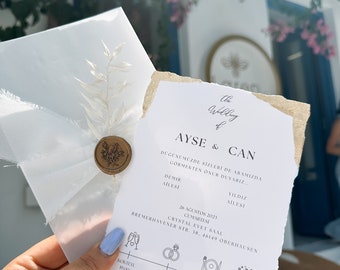 Personalized wedding invitation on textured paper with gold foil | Deckled Edge Paper | Silk bow | Ruscus | Wax seal