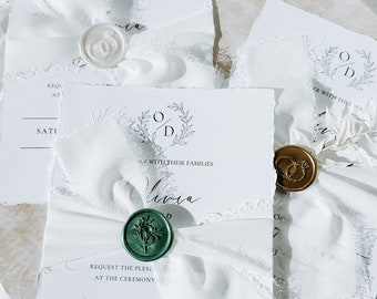 Personalisierte Hochzeitseinladung auf Baumwollpapier | Deckled Edge Papier | Seidenschleife | Wachssiegel