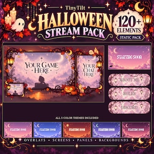 Puede incluir: Un paquete de streaming de Halloween con más de 120 elementos que incluyen superposiciones, pantallas, paneles y fondos. El diseño incluye textos como TinyTilt, Halloween Stream Pack, Your Game Here, Your Chat Here, Starting Soon, About Me, Rules y Discord.