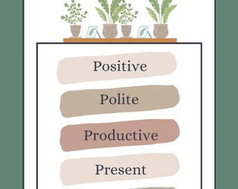 Peut inclure: Une affiche de classe avec le texte "IN OUR CLASSROOM WE ARE" au-dessus d'une liste de mots : Positive, Polite, Productive, Present et Prepared. L'affiche a une bordure verte et présente des illustrations de plantes en pot.