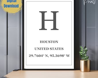 Houston City Location Poster, États-Unis d’Amérique Destination Print, Coordonnées Wall Art, Modern Typography Home Digital Download