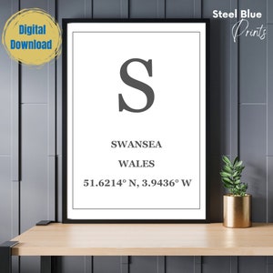 Swansea City locatie poster, Wales bestemming print, coördinaten muur kunst, moderne typografie Home digitale download