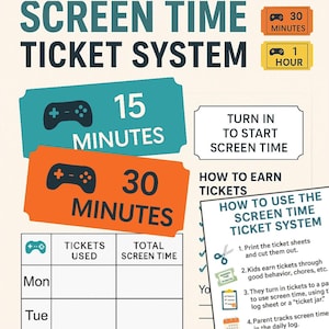 Screen Time Ticket System for Kids | Printable Reward Chart | Digital Download Chore & Behavior Tracker