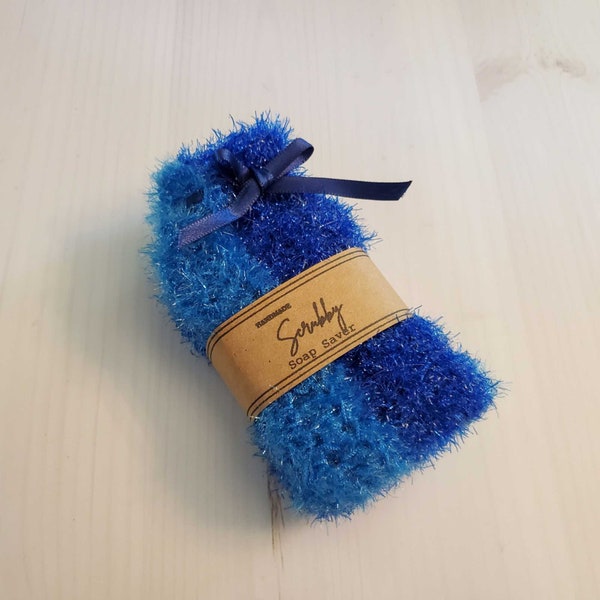 Crochet Bath Scrubby with Handmade Soap | Exfoliating Soap Saver | Reusable Soap Bag | Deep Blue Stripe Soap Keeper
