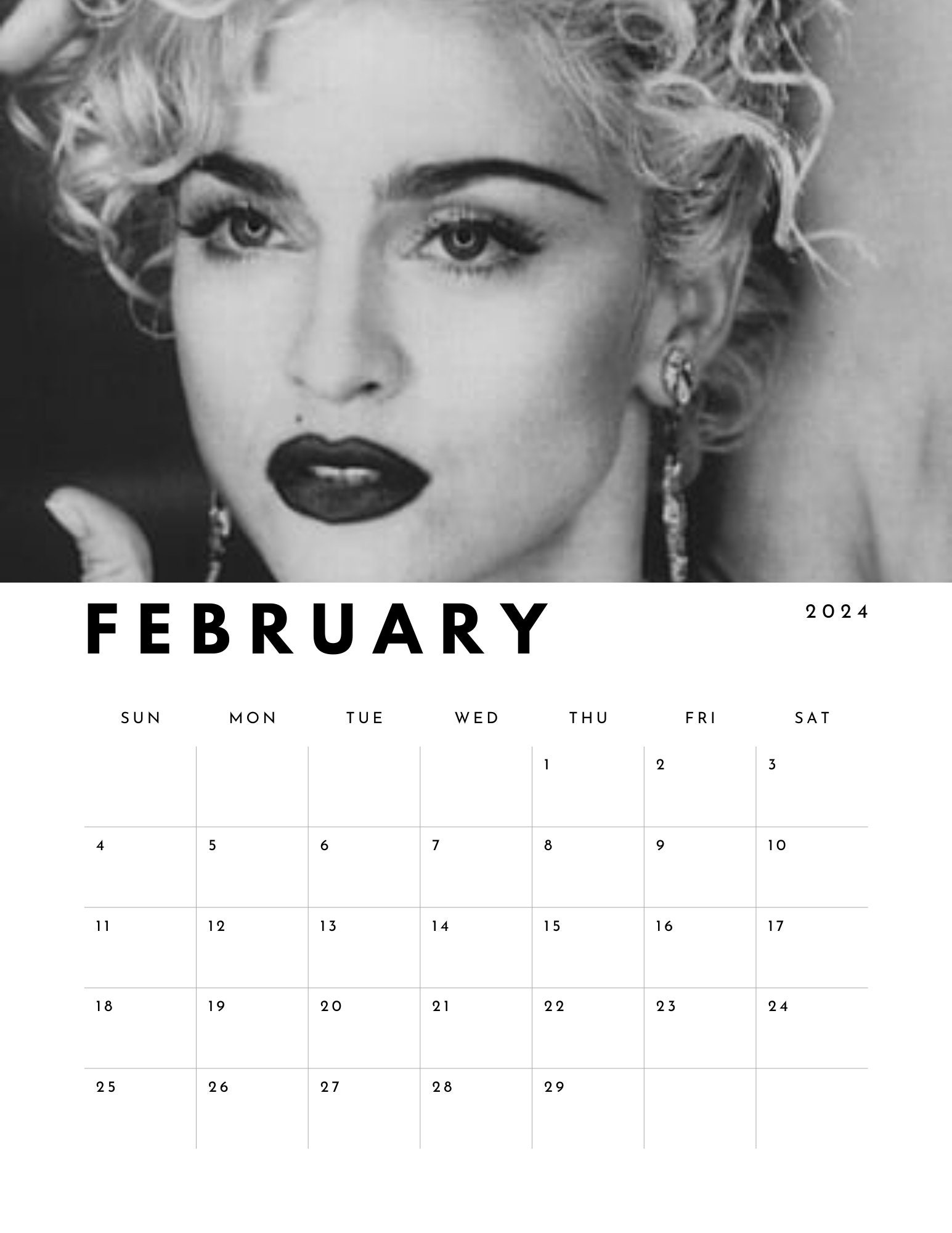Madonna 2024 Calendar black & White Images digital Download Etsy