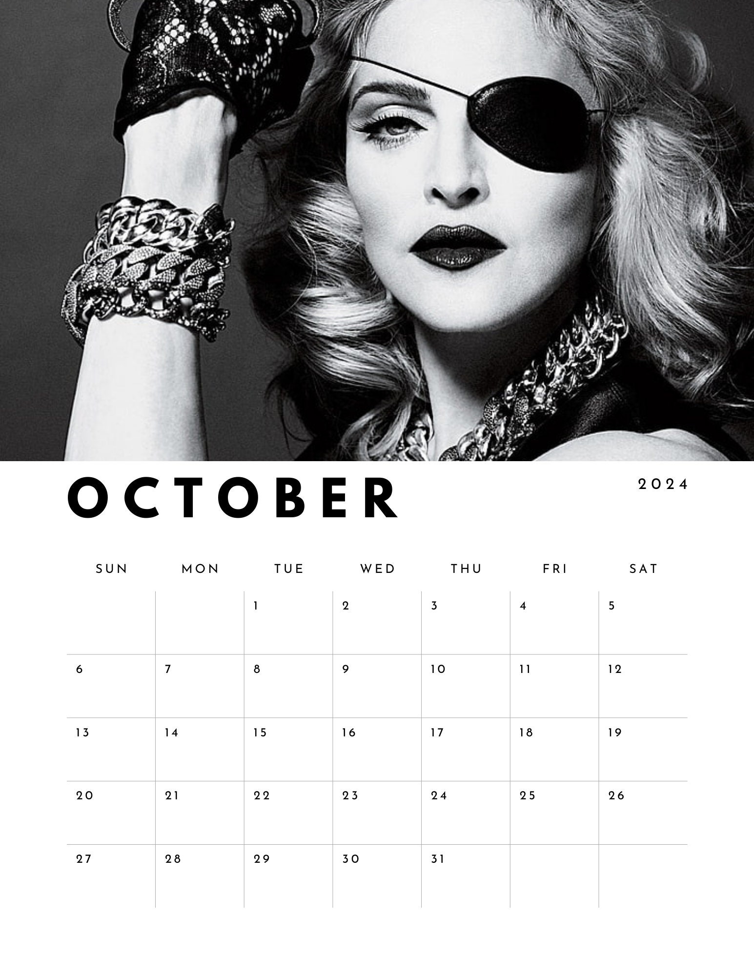 Madonna 2024 Calendar black & White Images digital Download Etsy