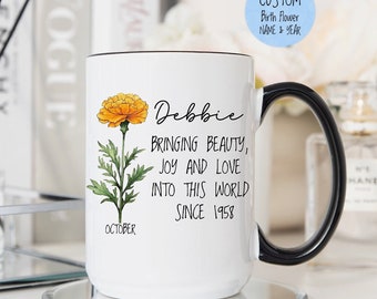 October Birthday Birth Flower Mug, Personalized Marigold Gifts, Marigold Flower, Birth Month with Name and Birth Year, Custom Name Mug