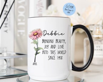 Personalized Birth Flower Mug, Custom Name and Birth Month Year, Birthday Gift Customizable Mug, Daisy Gift for Mom