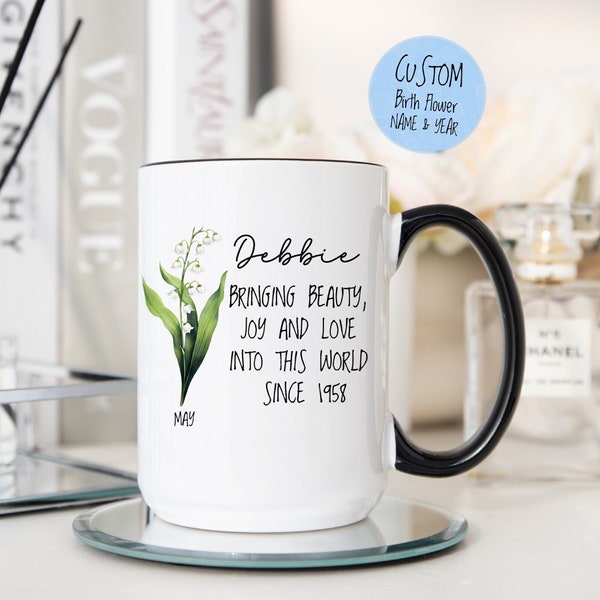 Personalized Birth Flower Mug, Custom Name and Birth Month Year, Floral Mug Birthday Gift, Lily Of The Valley Mug