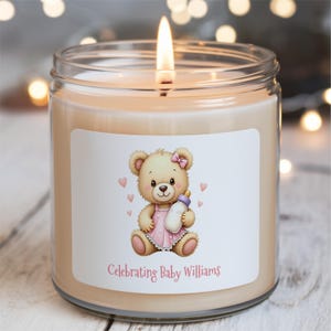 Candela regalo personalizzata per baby shower: candela profumata alla soia per neomamme