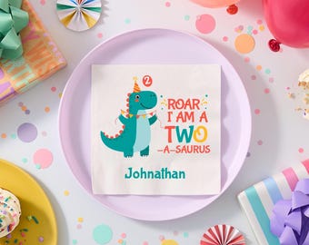 Dinosaur 2nd Birthday Napkins, Two a Saurus Party Decor, Personalized Favors