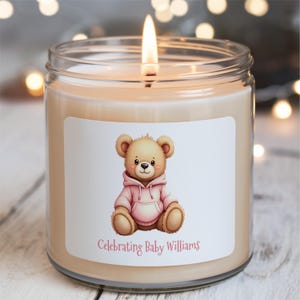 Candela regalo personalizzata per baby shower: candela profumata alla soia per neomamme