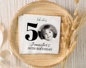 Personalized 50th Birthday Napkins: Portrait Photo, Elegant Party Decor