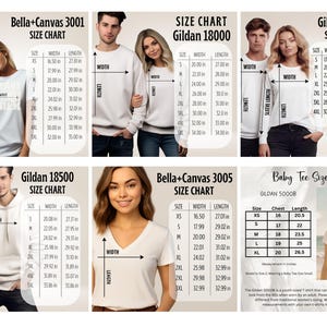 A grid of six different apparel size charts showing measurements for various t-shirt and hoodie brands.