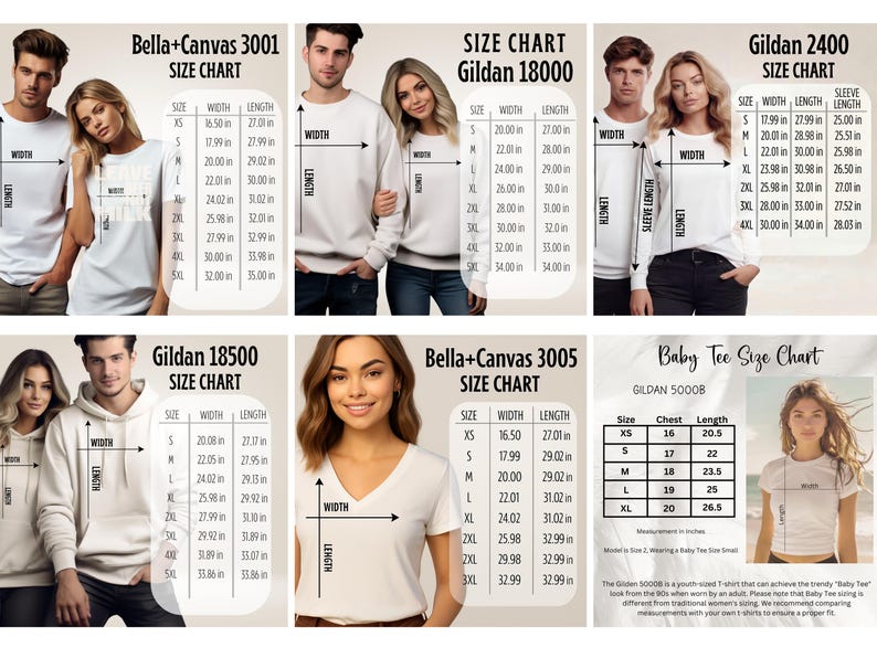 A grid of six different apparel size charts showing measurements for various t-shirt and hoodie brands.