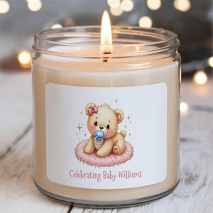 Candela regalo personalizzata per baby shower: candela profumata alla soia per neomamme