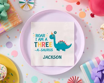 Dinosaur 3rd Birthday Napkins, Three a Saurus Party Decor, Personalized Favors