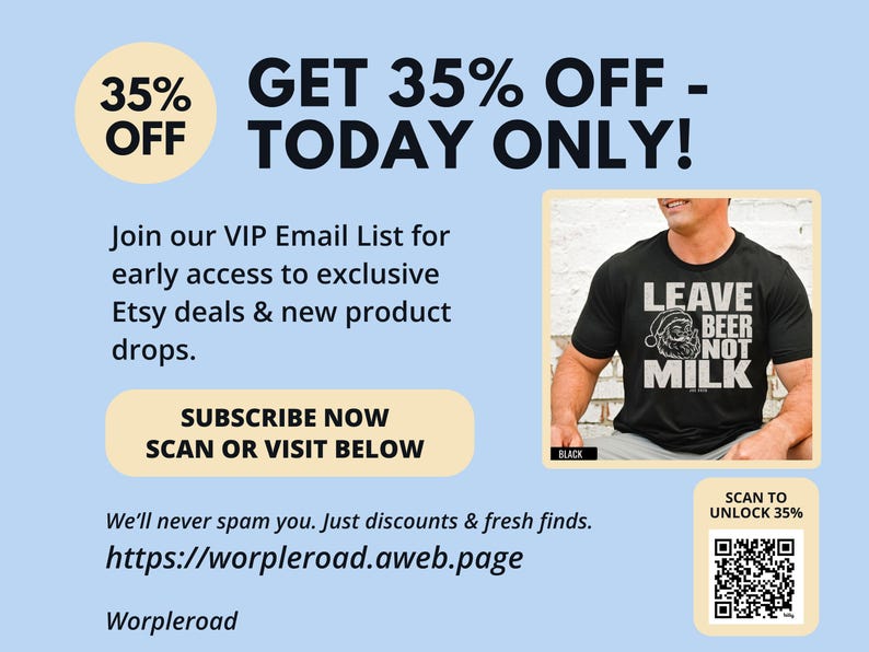 Promotional graphic offering thirty-five percent off, featuring a man wearing a black graphic t-shirt and a QR code.