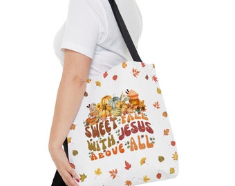 Fall Tote Bag (AOP), Sweet Fall With Jesus Above All Tote Bag, Christian Fall Tote Bag, Christian Gift, Thanksgiving Tote Bag, Holiday Gift