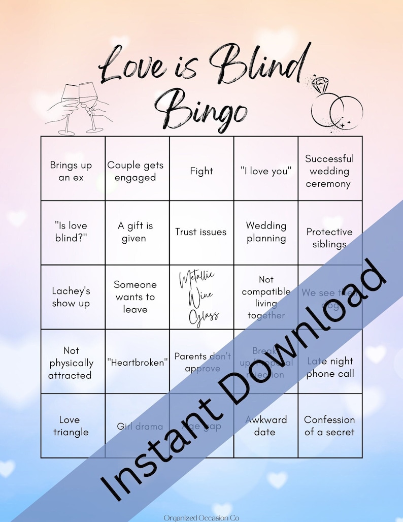 Love is Blind Bingo Watch Party Drinking Game Reality TV Etsy