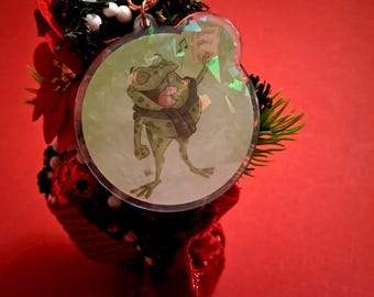 Cute Christmas Frog Keychain / with Glitter Holo Effect + Postcard Print