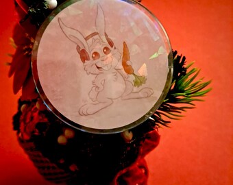 Cute Christmas Rabbit Keychain / with Glitter Holo Effect + Postcard Print