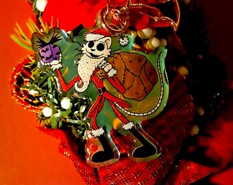 Halloween Cat Keychain - Jack SkelliCAT XMAS Charm (Nightmare b4 Christmas) + Postcard Print