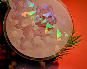 Cute Christmas Cat Keychain / with Glitter Holo Effect + Postcard Print