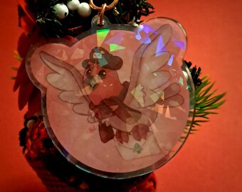 Cute Christmas Pigeon Keychain / with Glitter Holo Effect + Postcard Print
