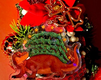 Christmas Edaposaurus Charm /Glitter effect + Postcard Print of Artwork