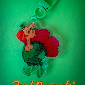 Pendentif/breloque style bande dessinée - Punimals : Salade de dinde + carte postale avec illustration