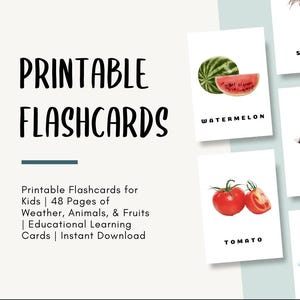Flashcards imprimíveis para crianças - 48 páginas | Cartões educativos sobre clima, animais e frutas | Atividade de aprendizagem | Download instantâneo