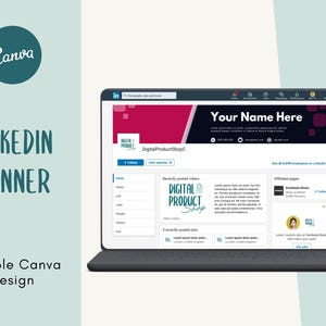 May include: A blue and white LinkedIn banner with the text "Digital Product Shop" and a logo of a shop with a teal circle and the text "Digital Product Shop". The banner also includes the text "Your Name Here" and a red and white background.